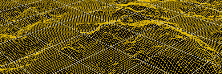 3D abstract grid neon topography. Yellow mesh terrain.
