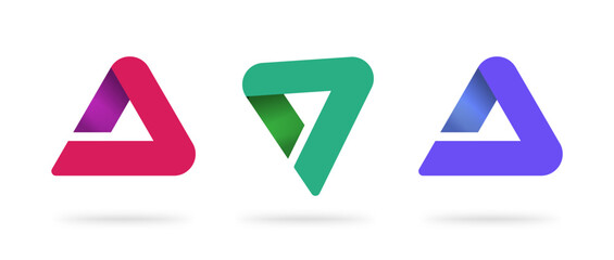 Play arrow logo icon triangle vector, modern forward tech triple logotype design, red purple blue green abstract letter symbol, geometric trendy creative solid technology digital element image clipart