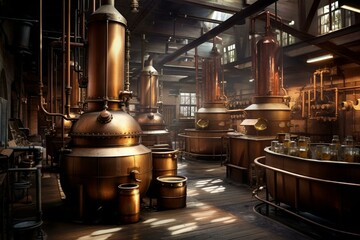 An image depicting an old-style whiskey distillery featuring traditional copper stills, barrels, and containers. Generative AI