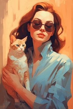 Beautiful woman in glasses holding a cat in her arms