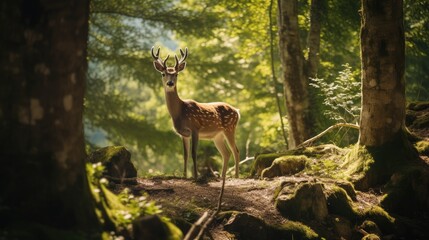 Naklejka na ściany i meble Deer standing among the trees, AI generated Image