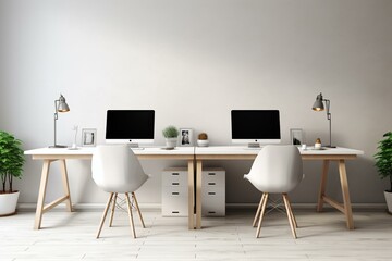 Front view of a contemporary white work table with computers in a roomy coworking office featuring grey chairs, a light cabinet, and light grey wall background. Generative AI