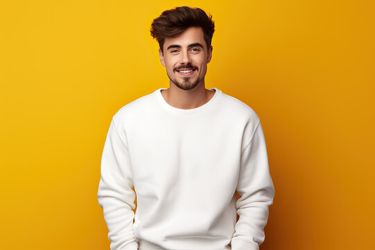 A Young Man Models a White Sweatshirt Mockup Against a Bright Yellow Background, Showcasing a Pullover Design Template and Print Presentation Mock-Up. created with Generative AI