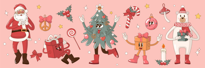 Groovy Hippie Merry Christmas and Happy New year set of characters and elements. Collection of trendy retro stickers: Santa Claus, Christmas tree,  bear, gifts, peace, candies and decoration. 