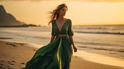 Papier Peint photo Coucher de soleil sur la plage A beautiful woman in green dress walking on tropical beach at sunset. Generative Ai.