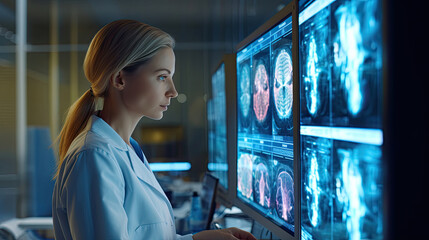 An expert female neurologist deeply engrossed in examining brain scans, utilizing innovative medical technology for diagnosis on the computer screen. Generative Ai.