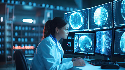 An expert female neurologist deeply engrossed in examining brain scans, utilizing innovative medical technology for diagnosis on the computer screen. Generative Ai.