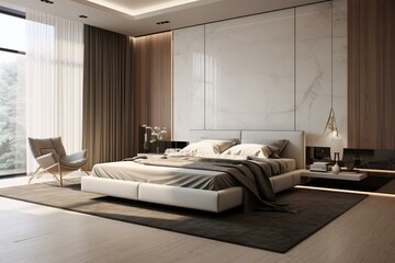 Modern bedroom design with a 3D render. Generative AI