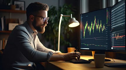 Obraz na płótnie Canvas Analyst male working from home in front of displays showing market graphs. Marketing specialist. Generative Ai