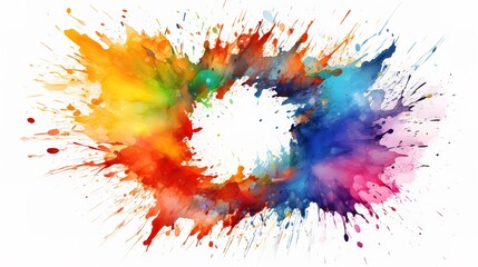 Colorful rainbow color illustration - round watercolor splatter frame isolated on white background.
