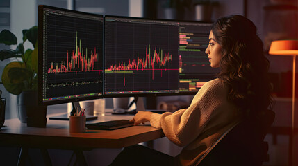 Analyst woman working from home in front of displays showing market graphs. Marketing specialist. Generative Ai