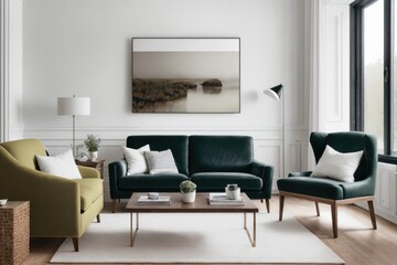 Interior mockup with picture frame on a Wall. Living room with sofa and painting on a wall 3D render.