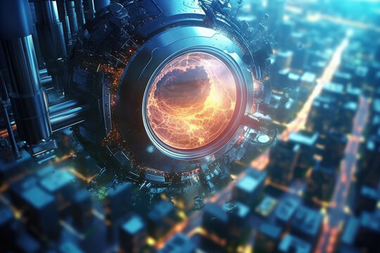 Extreme microscope image of human cell, cityscape, futuristic cinematic