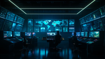 A wide shot of a futuristic control room