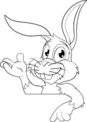 An Easter bunny rabbit cartoon character peeking around a sign