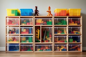 Colorful storage system with constructor pieces in transparent plastic box and baskets on shelves. Ideal for playroom organization. Generative AI