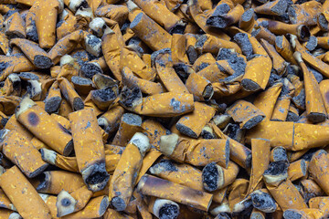 cigarette butts as background, close up