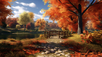 Autumn park with lake