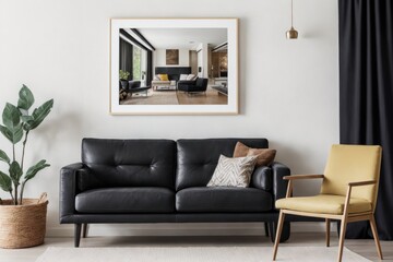 Fototapeta premium Interior mockup with picture frame on a Wall. Living room with sofa and painting on a wall 3D render.