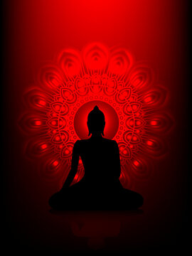 Silhouette Buddha Siddhartha gautama with abstract mandala star on red aura background.