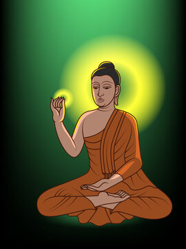 Hand drawn meditation Buddha vector painting with aura glowing background.