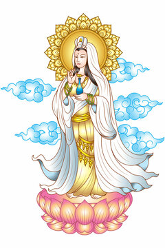 Quanyin or Guan Yin stand on lotus with aureole behind head and cloud background. Chinese god and art Guan Yin character design. Colorful Buddhism religious illustration vector.