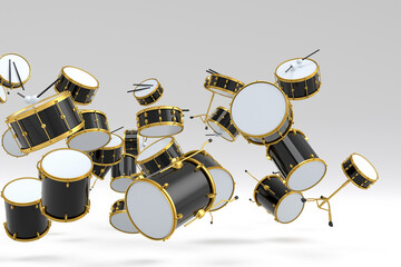 Many of flying drums with metal cymbals or drumset on white background