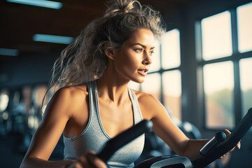 Fitness Enthusiast A Woman Engages in Stationary Exercise, Dedicated to Maintaining a Healthy Lifestyle, Focused on Her Fitness Regimen. created with Generative AI