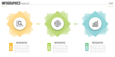 Rectangular and circular infographic template or element with 3 step, process, option, colorful rectangle, circle, square, button, arrow, label, tag, minimal, modern style for sale slide, plan, web 