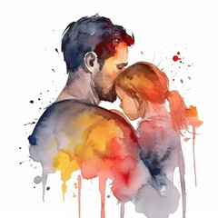 Watercolor portrait of a father and his daughter hug each other.