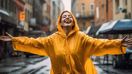 Cheeful woman dancing in the street in rain coat. Generative Ai.