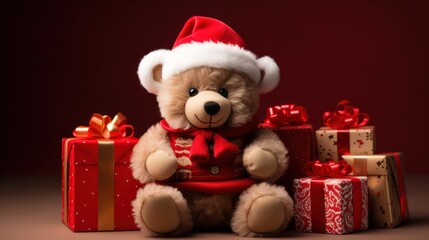 a photograph of cute bear wearing santa clause costume and hat for christmas celebration generative ai