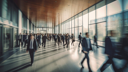 Crowd of business people walking in bright office lobby fast moving with blurry. people. office worker. Generative Ai