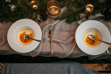 Food leftovers of a soup on a table.