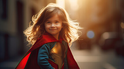 Funny cute girl in superhero costume. Generative Ai