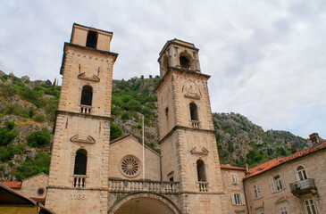 Old town Kotor in Montenegro. Kotow Tower with a clock built in 1166