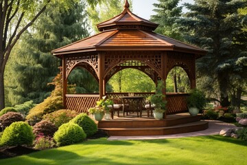 Scenic wooden gazebo in a luxurious home's landscaped garden. Generative AI