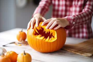 Close up of woman carving pumpkin for halloween on wooden table