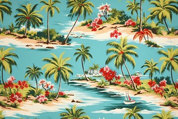 Fototapeta na wymiar Blue vintage Hawaiian barkcloth with tropical island scenes in a seamless repeat pattern. Generative AI