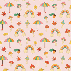 Autumn retro groovy seamless pattern. Hippie mushrooms, fall leaves, acorn, umbrella and rainbow on pastel background