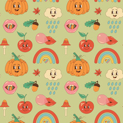 Autumn retro groovy seamless pattern. Hippie mushroom, pumpkin, apple, cloud, rainbow, lips and leaves on pastel background