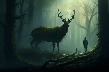 Exploration of mystical creatures within a thick forest. Generative AI