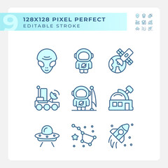 Space exploration pixel perfect light blue icons. Cosmic discovery. Mars landing. Science fiction. Sci fi. RGB color. Website icons set. Simple design element. Contour drawing. Line illustration