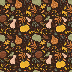 Pumpkins and leaves. Autumn print on a dark background. Hand drawing. Simple pattern. Vector illustration