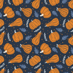 Pumpkins. Autumn print on a dark background. Hand drawing. Simple pattern. Vector illustration