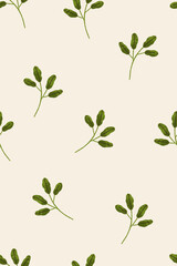Obraz premium Leaf plants, seamless pattern. Endless botanical background, green leaves, branches, twigs. Repeating print, texture design for textile, fabric, cloth, wrapping, decoration. Flat vector illustration