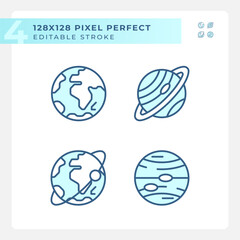 Planets pixel perfect light blue icons. Astronomy education. Space body. Planetary system. Milky way. RGB color. Website icons set. Simple design element. Contour drawing. Line illustration