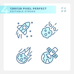 Cosmic exploration pixel perfect light blue icons. Space research. Futuristic technology. Astronomy science. RGB color. Website icons set. Simple design element. Contour drawing. Line illustration