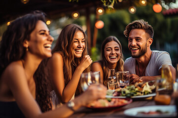 Obraz na płótnie Canvas A Group of Friends Share Laughter and Delight as They Enjoy a Scrumptious Dinner at an Outdoor Restaurant. created with Generative AI
