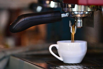 Coffee espresso machine, close up, Brewing coffee from a modern machine